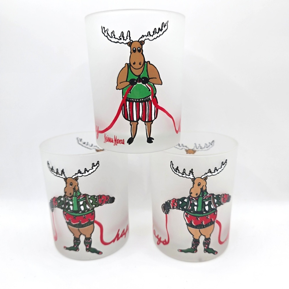 1991 VTG Neiman Marcus Knitting Reindeer Moose Christmas Lowball Glasses Set-3